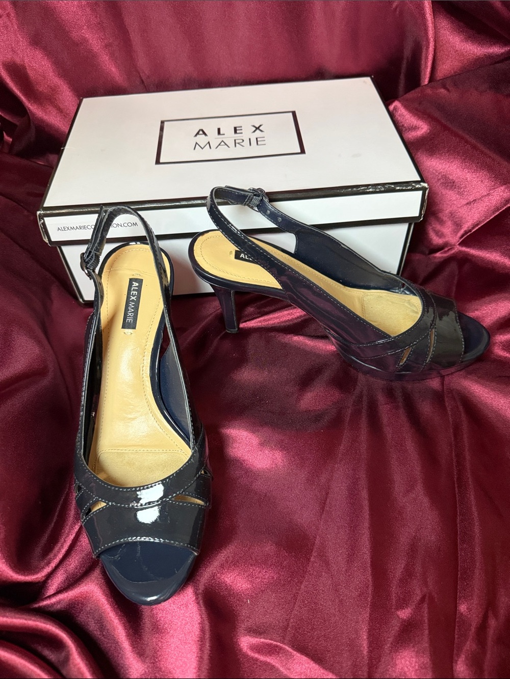 Alex Marie Navy Patent Slingback Peep-Toe Heels